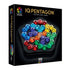 SmartGames IQ Pentagon puzzle box featuring a black pentagon tray filled with jewel-like pieces in multiple bright colors, highlighting 120 brain challenges.