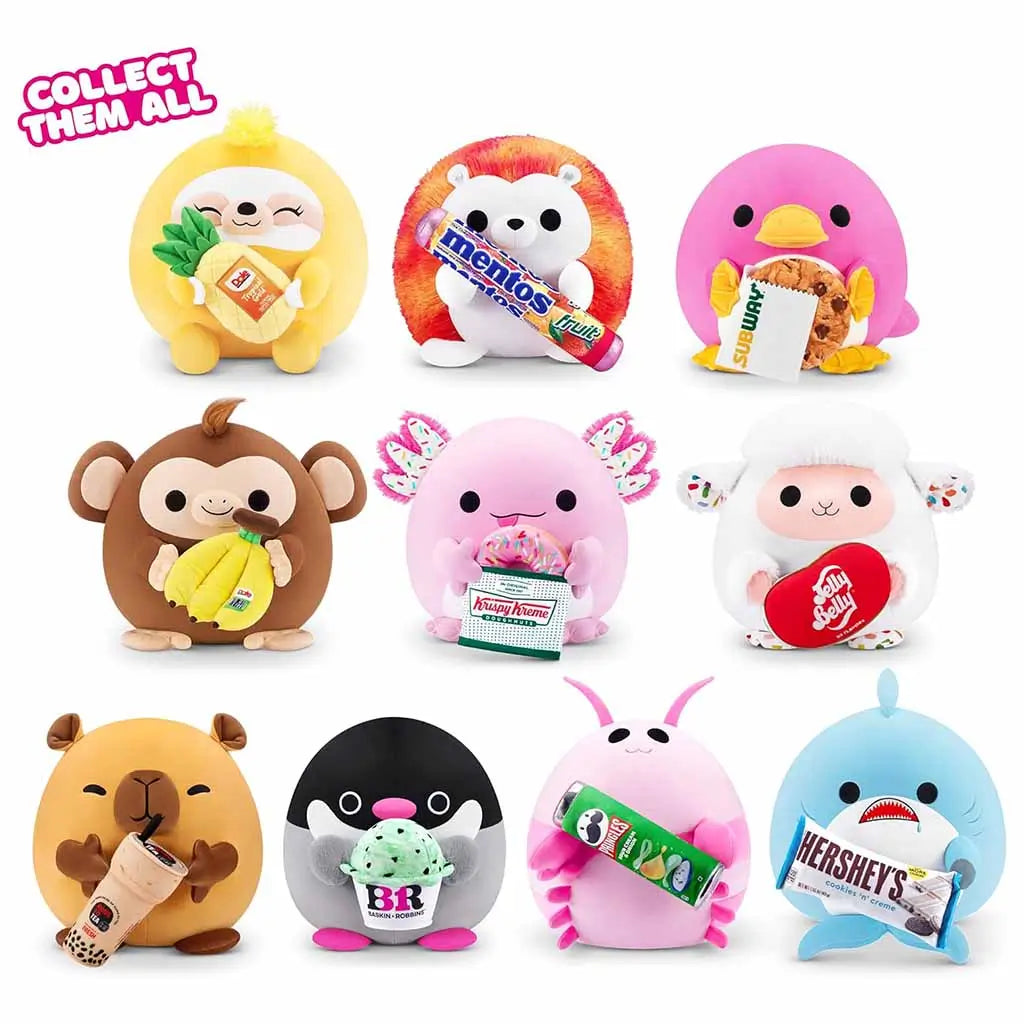Snackles Series 2 collectible plush lineup featuring the Subway platypus along with other snack-themed animals like a sloth, penguin, axolotl, and monkey holding branded treats.