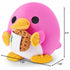 Side view of Snackles Series 2 pink platypus plush with Subway cookie showing product dimensions of 6.3 inches tall and about 7 inches wide, perfect for cuddling and display.