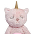 Close-up of plush unicorn cat face showing gold horn, pink fur, and embroidered sleepy eyes and nose, emphasizing soft, cuddly texture.