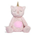 Front view of pink unicorn cat plush with golden horn, sleepy embroidered eyes, and softly glowing pink belly, seated upright on white background.