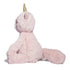 Soft pink plush unicorn cat toy with golden horn, fluffy tail, and textured fur shown in a right-side sitting pose on a white background.
