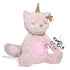 Musical unicorn cat plush toy in light pink fabric with gold horn, glowing pink belly, and embroidered face, shown emitting music notes.