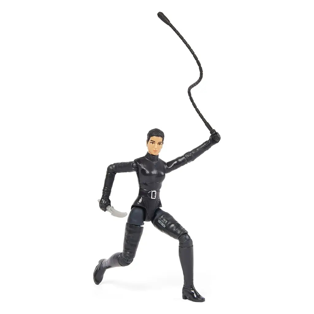 Selina Kyle action figure in articulated black costume posed in combat stance, holding a whip raised in one hand and a silver knife in the other, ready for action.