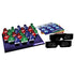 Complete Spy Vision board game set by Goliath showing colorful spy character pieces in red, blue, and green, city mission cards, and black spy glasses used for decoding clues during gameplay.