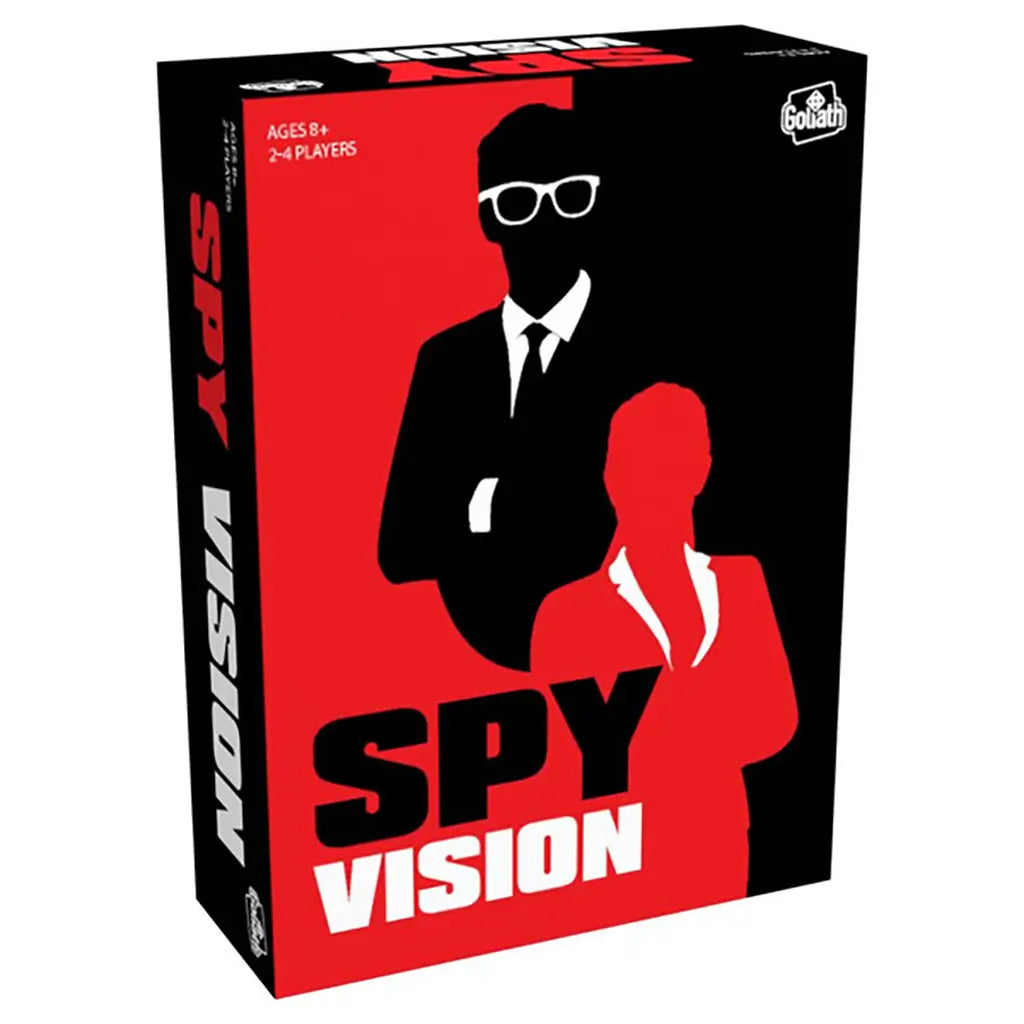 Front packaging of Goliath’s Spy Vision board game featuring bold red and black silhouettes of secret agents wearing suits and sunglasses, designed for 2–4 players ages 8 and up.
