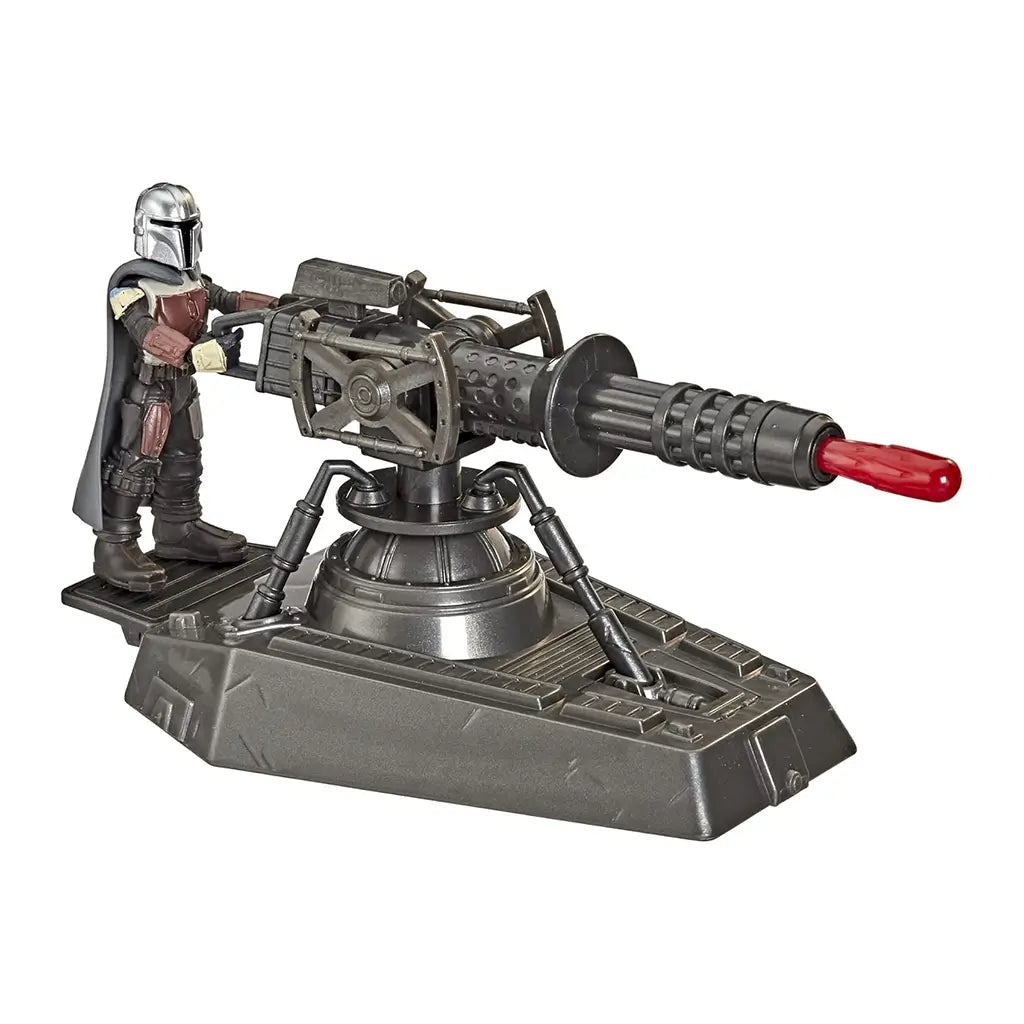 Mandalorian action figure operating a detailed gray hover E-Web cannon with red blaster barrel, part of the Star Wars Mission Fleet collection, posed for imaginative battle play.