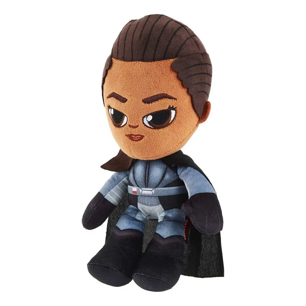 Star Wars plush toy of Reva the Third Sister in gray and black outfit with cape, soft fabric texture, large embroidered eyes, and styled brown hair, sitting at an angle.
