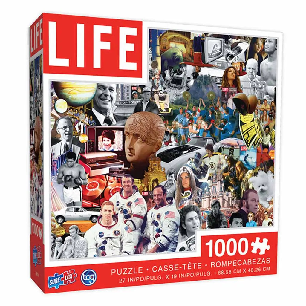 Front of Sure-Lox LIFE Magazine 1000-piece jigsaw puzzle box featuring a colorful montage of vintage LIFE magazine imagery with cultural icons, space exploration, and retro nostalgia themes.