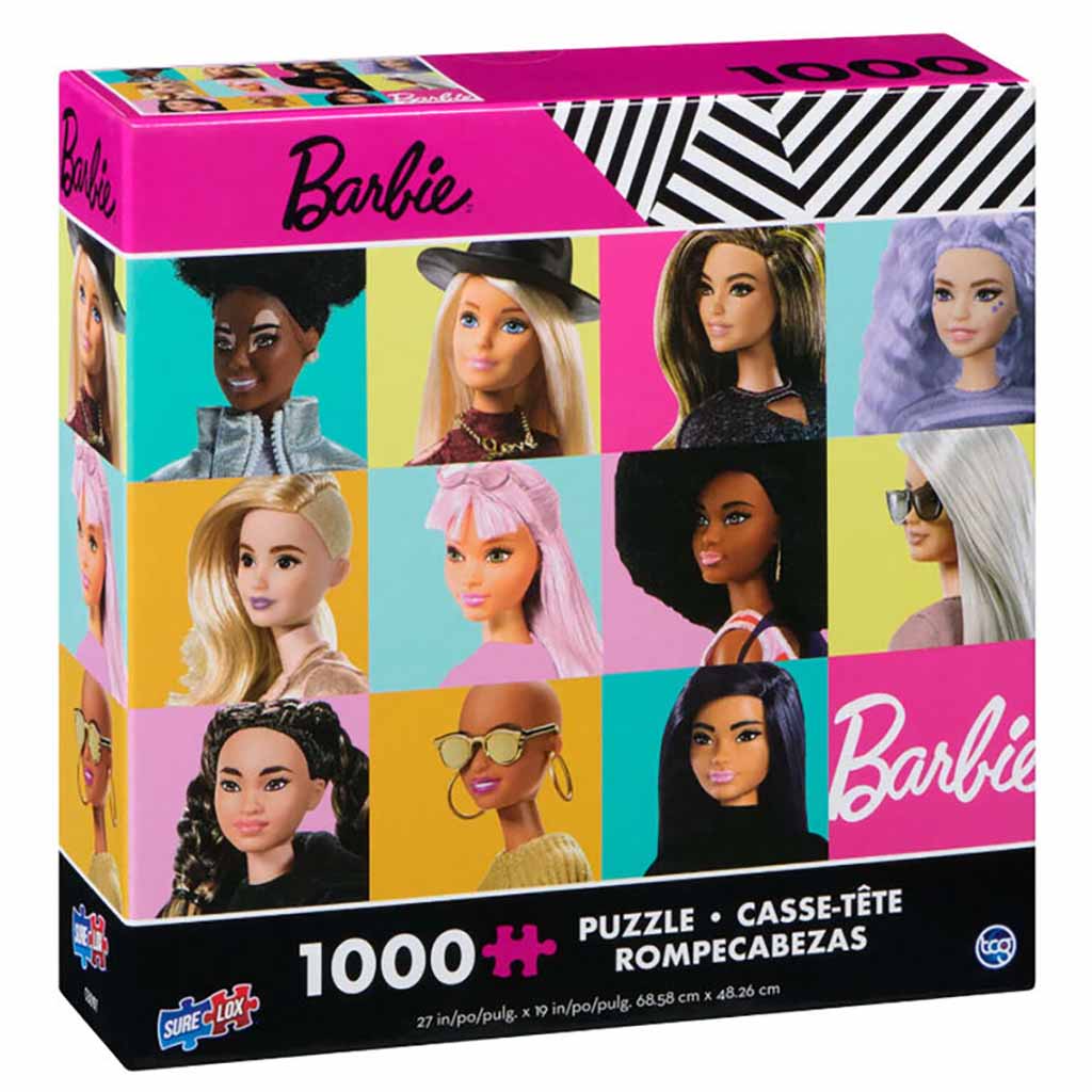 Sure-Lox 1000-piece Barbie puzzle box featuring a collage of diverse Barbie dolls with different hairstyles, skin tones, and outfits set against colorful square backgrounds in a modern pop-art style.