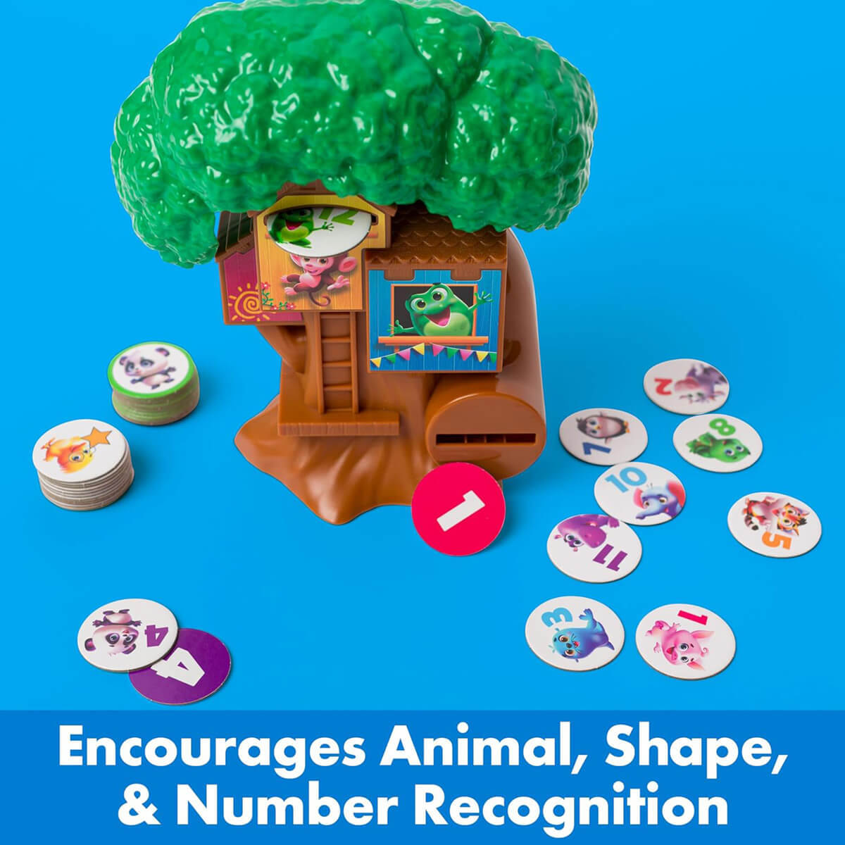 ThinkFun Friends Tree House Game encourages animal, shape, and number recognition