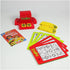ThinkFun Zingo complete set showing red Zinger dispenser, yellow tiles, colorful player cards, and illustrated parent’s guide, designed to build language, matching, and reading skills.
