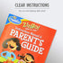 Close-up of ThinkFun Zingo Parent’s Guide with red cover and cheerful illustrations, showing clear instructions that help families quickly learn setup and rules for educational play.