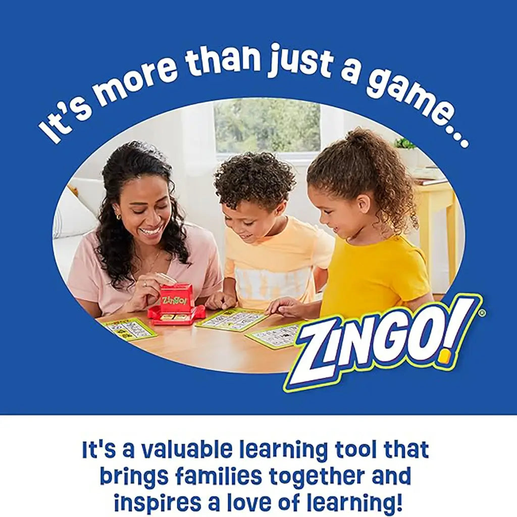 Mother and two children smiling while playing ThinkFun Zingo educational board game, showing family interaction that builds early learning, reading, and cognitive skills.