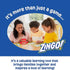 Mother and two children smiling while playing ThinkFun Zingo educational board game, showing family interaction that builds early learning, reading, and cognitive skills.