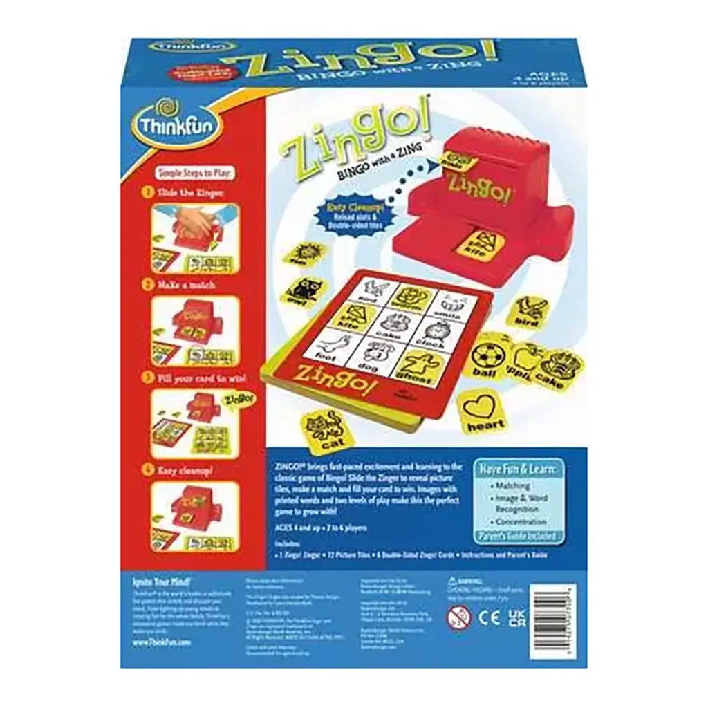 Back of ThinkFun Zingo package with instructions, images of Zinger, yellow tiles, and educational features, highlighting matching, recognition, and skill development.