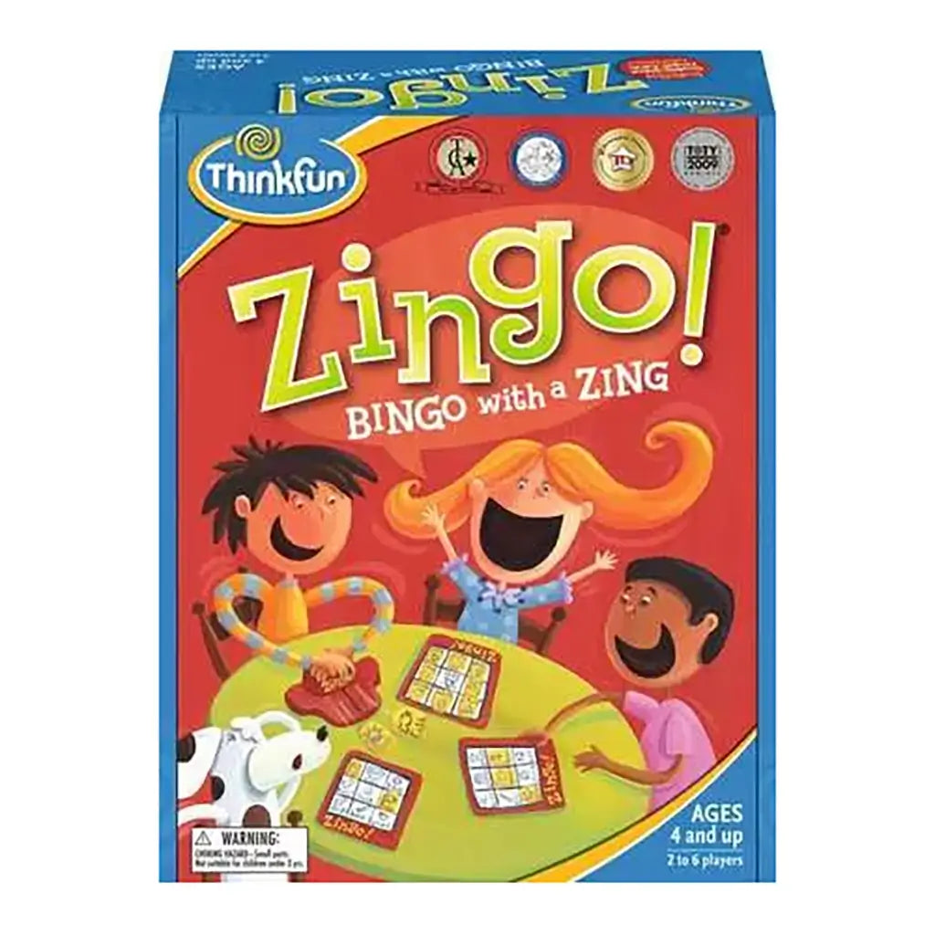 Front of ThinkFun Zingo board game box featuring bright red design, cartoon children laughing around a table with game cards, promoting ages 4 and up and family learning fun.