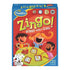 Front of ThinkFun Zingo board game box featuring bright red design, cartoon children laughing around a table with game cards, promoting ages 4 and up and family learning fun.