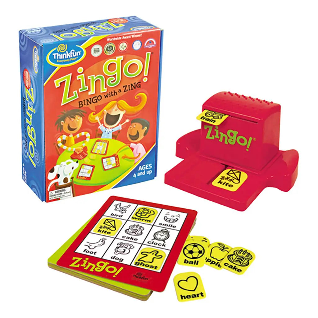 ThinkFun Zingo board game set with red Zinger tile dispenser, yellow word tiles, and game board, designed for ages 4 and up to improve vocabulary, memory, and matching.