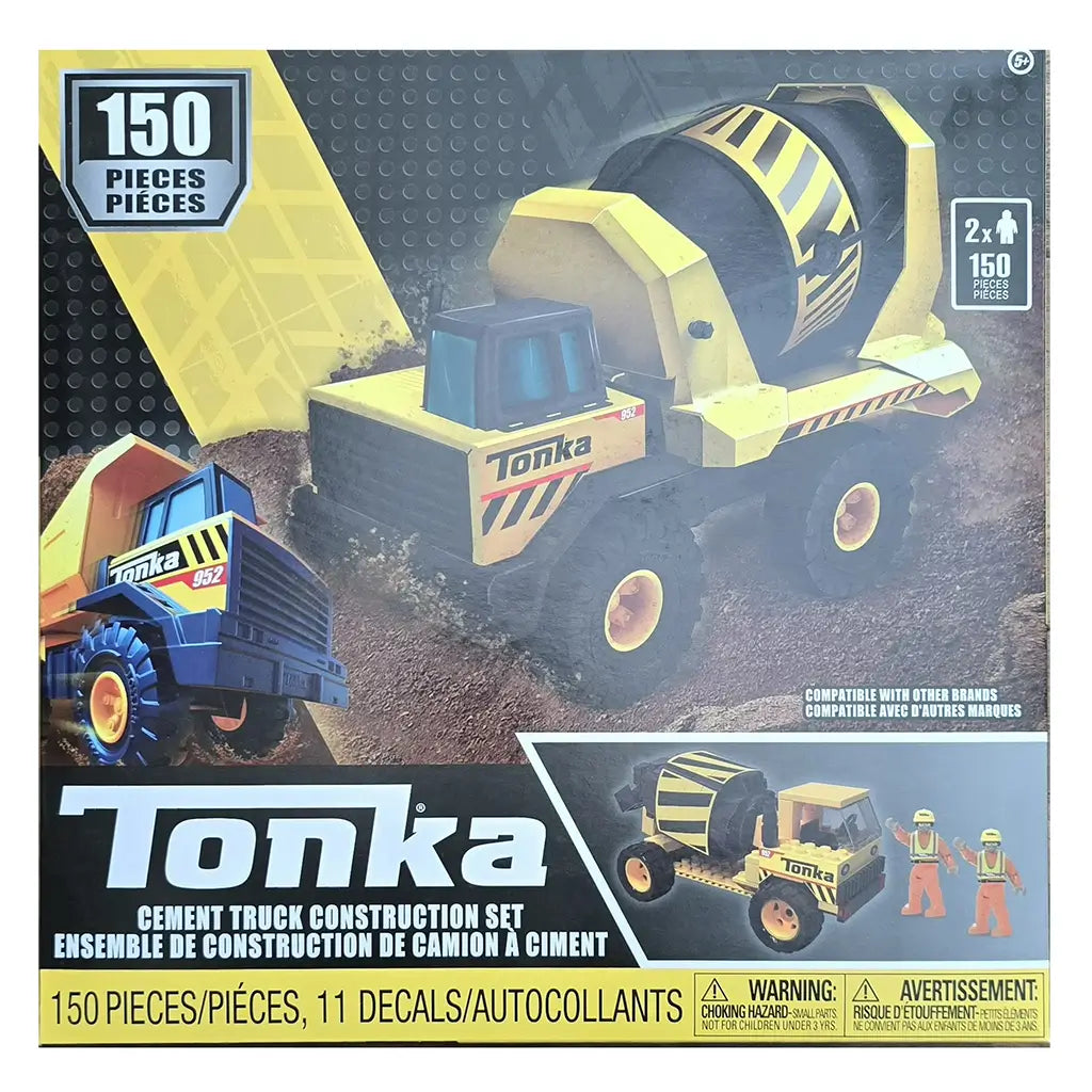 Tonka yellow plastic dump truck toy with tilting bed, black tires, and orange hubcaps, surrounded by three construction worker figures in helmets and safety vests on a white background.