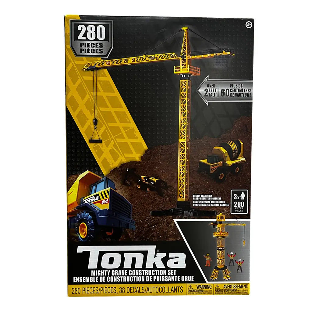 Tonka Mighty Crane Construction Set box featuring a large yellow tower crane, dump truck, and cement mixer, highlighting 280 pieces and 38 decals for kids’ imaginative building and play.
