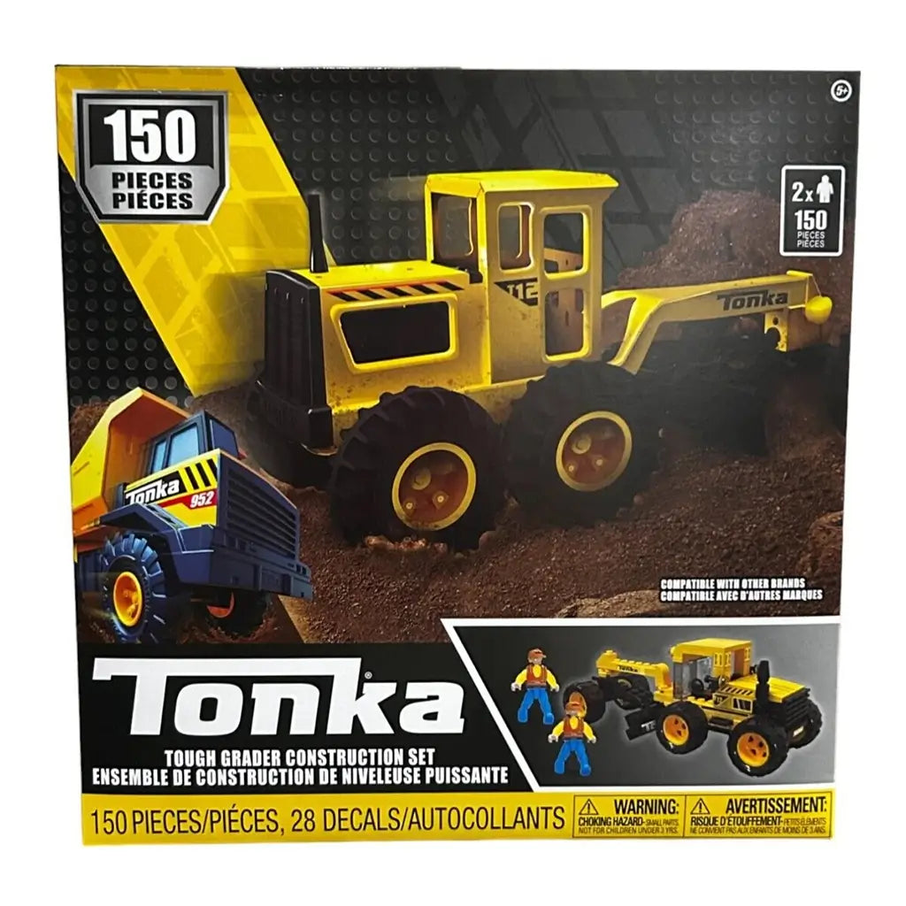 Front of Tonka Tough Grader Construction Set packaging showing the yellow grader toy, 150-piece count, and two worker mini-figures with Tonka branding.