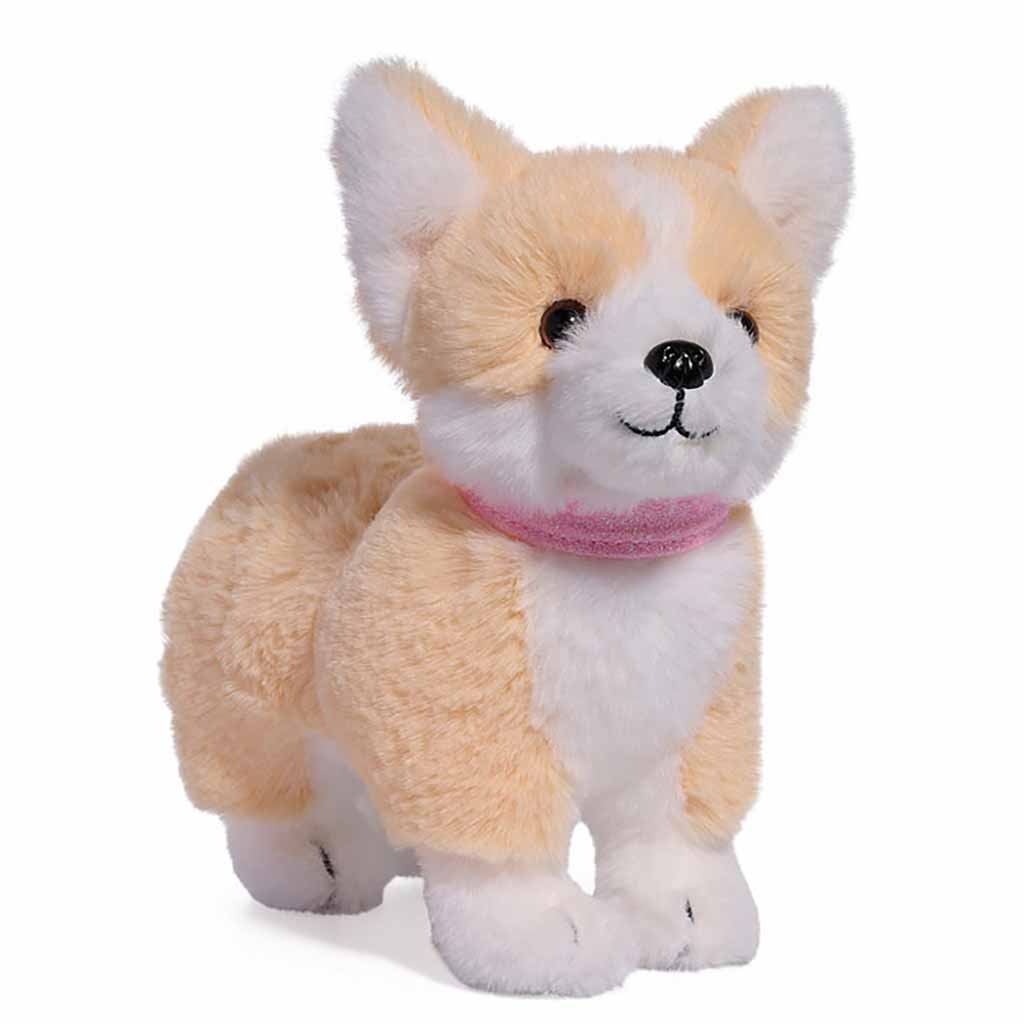 Toy Box Fancy Pets 7-inch plush corgi with soft tan and white fur, black eyes, and a pink collar, designed as a cuddly stuffed animal for children and collectors.