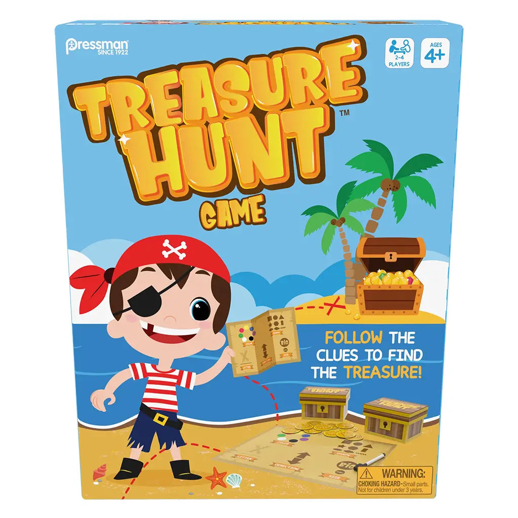 Front packaging of Pressman’s Treasure Hunt Game featuring a cheerful cartoon pirate boy with an eyepatch holding a treasure map, palm trees, gold-filled chests, and a beach background for ages 4 and up.