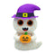 White ghost plush toy with orange polka dots, sparkling orange eyes, purple witch hat with yellow buckle, and holding a smiling pumpkin, designed as a festive Ty Beanie Boos collectible named Flicker.