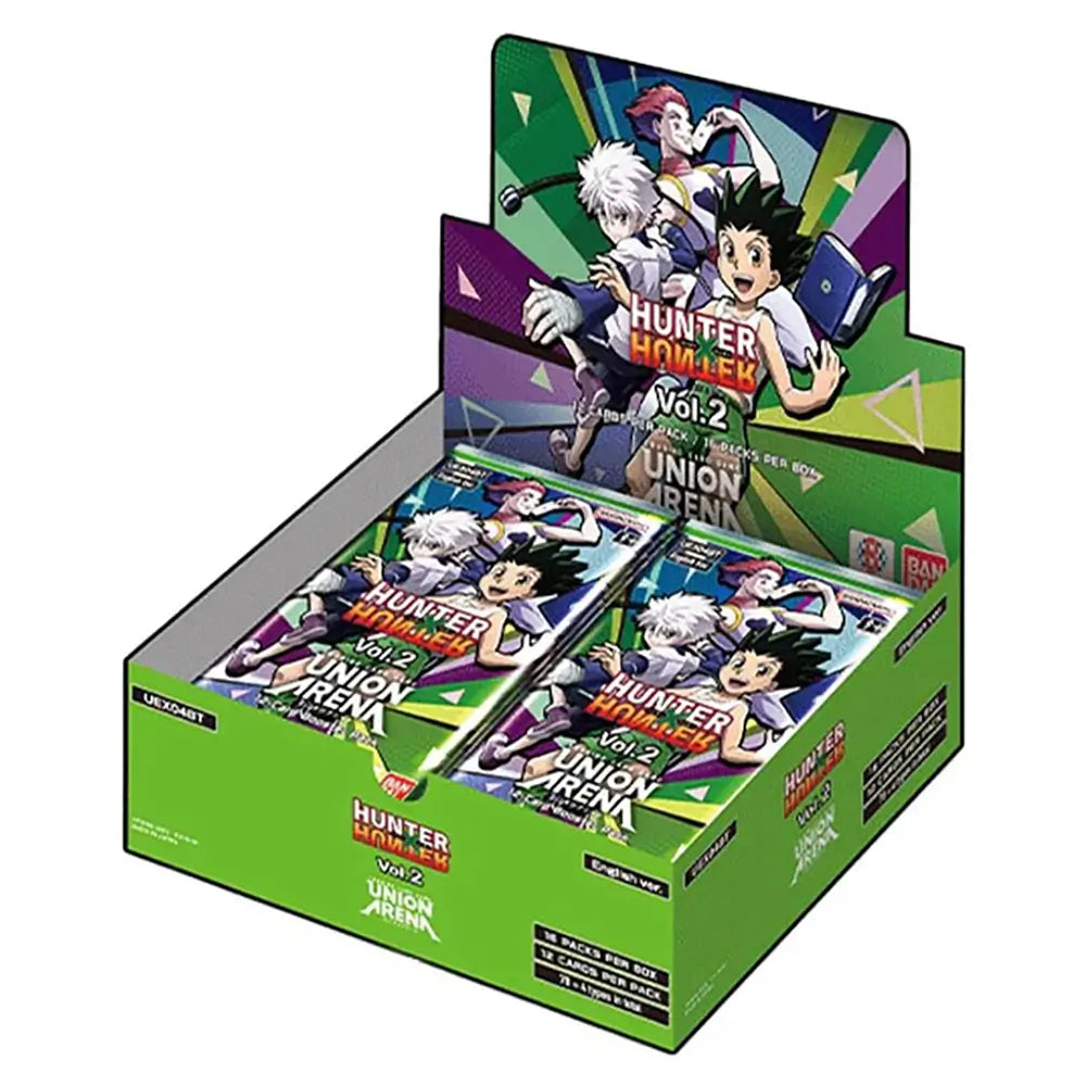 Union Arena TCG Hunter x Hunter Volume 2 Booster Box featuring Gon Freecss, Killua Zoldyck, and Hisoka on a green and purple geometric background, containing multiple colorful trading card booster packs.