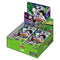 Union Arena TCG Hunter x Hunter Volume 2 Booster Box featuring Gon Freecss, Killua Zoldyck, and Hisoka on a green and purple geometric background, containing multiple colorful trading card booster packs.