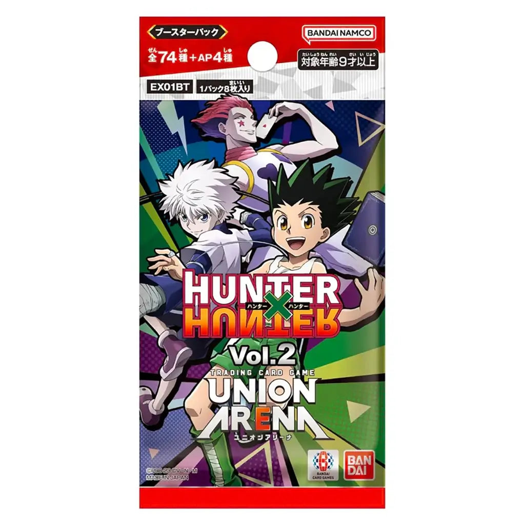 Union Arena TCG Hunter x Hunter Volume 2 booster pack featuring Gon Freecss, Killua Zoldyck, and Hisoka on a bright green and purple geometric background, containing collectible anime trading cards by Bandai.