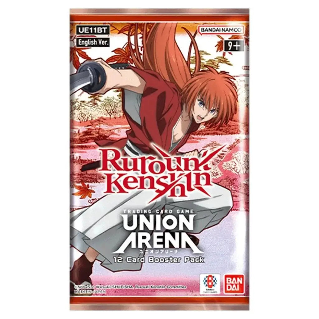 Union Arena TCG Rurouni Kenshin 12-card booster pack featuring Kenshin Himura in a red kimono and white pants with his reverse-blade sword, set against a pink autumn background with falling maple leaves.