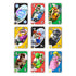 UNO Mario Kart card deck spread displaying characters like Yoshi, Donkey Kong, Peach, Bowser, and Wario on vividly colored cards with numbers and action symbols.