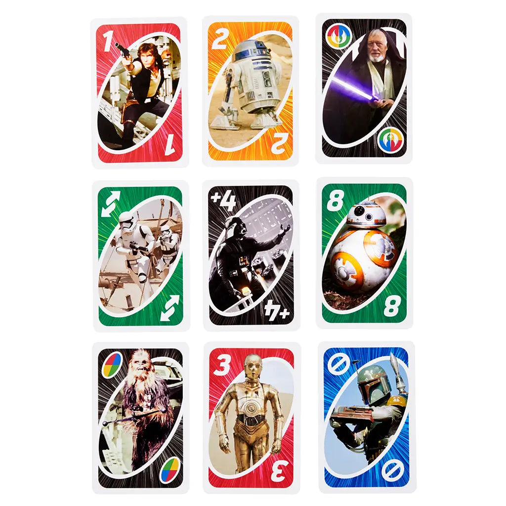 Set of Star Wars UNO cards displayed flat, showing detailed images of characters such as Han Solo, R2-D2, Chewbacca, Darth Vader, and Boba Fett on vibrant cards.