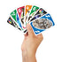 Hand holding multiple Mattel UNO Star Wars cards in play, with characters including Yoda, Rey, and Stormtroopers shown on bright colored designs.