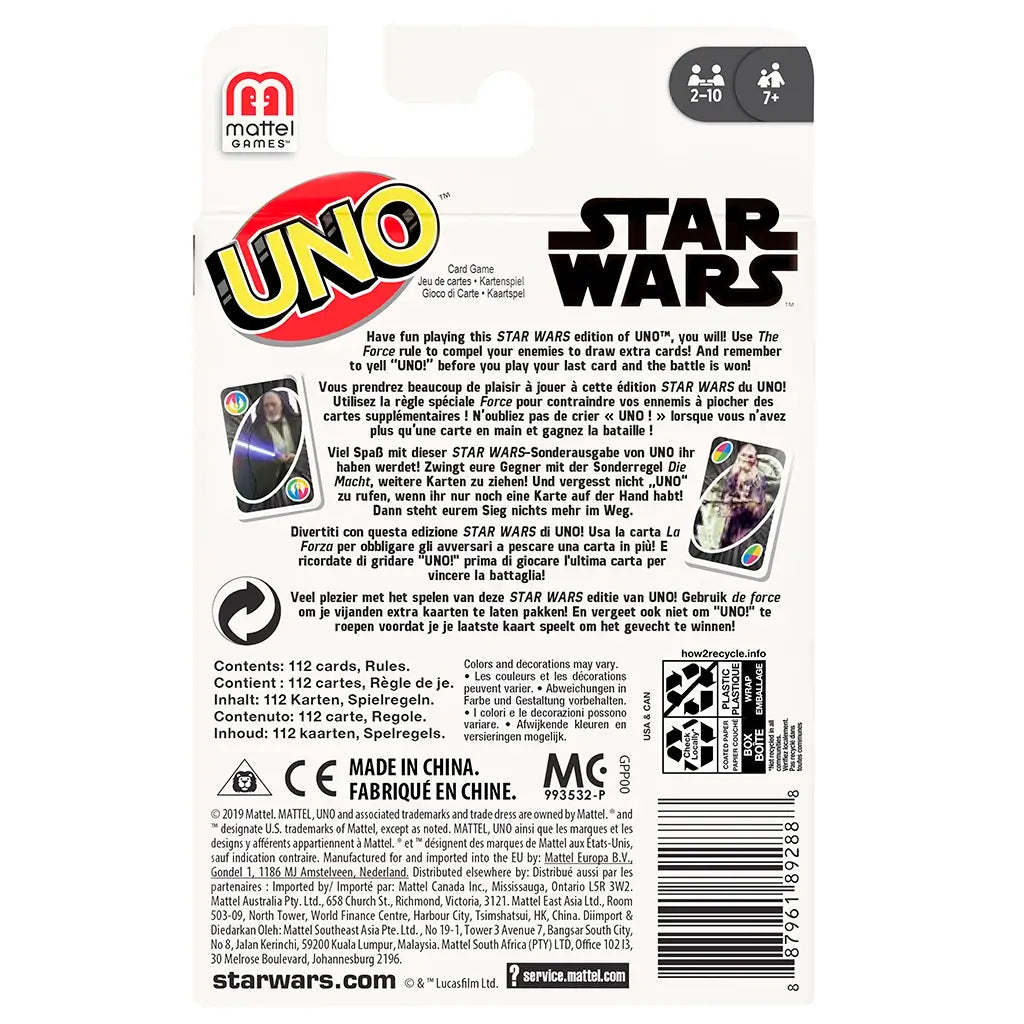 Back of Mattel UNO Star Wars card game package, printed with gameplay description, rules in several languages, and details about contents including 112 cards.