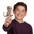 Close-up of the Untamed Fingerlings Doom Skeleton Dinosaur figure, a bone-white T-Rex with brown shading, detailed claws, and a fierce expression with sharp teeth and expressive orange eyes.