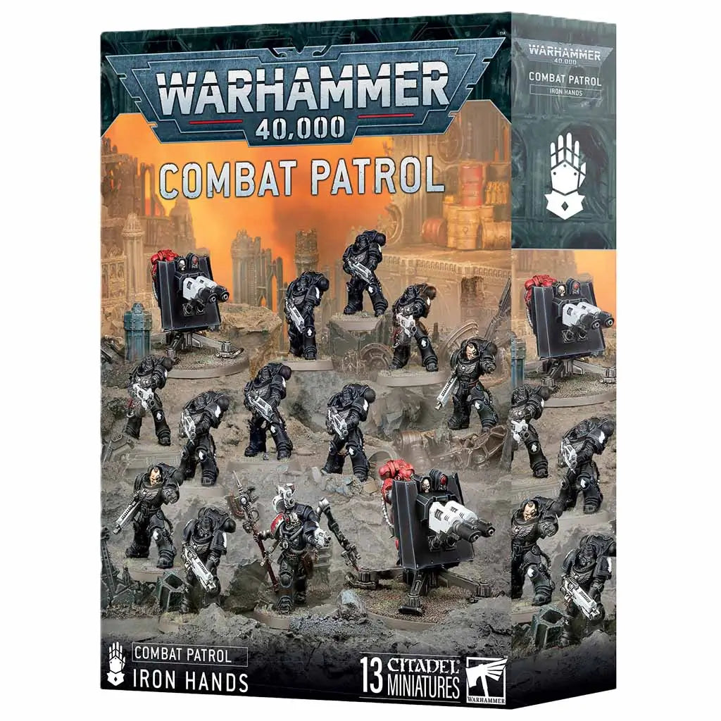 Warhammer 40,000 Combat Patrol Iron Hands box, featuring 13 black-armored Space Marines with cybernetic details and heavy weapons deployed across a ruined city battlefield under an orange sky.