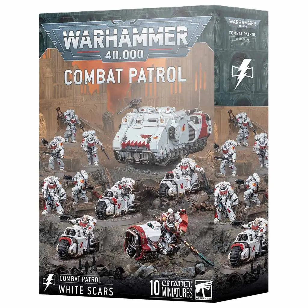 Warhammer 40,000 Combat Patrol White Scars box, showing a squad of white and red Space Marines with bikes, infantry, and a Rhino transport advancing through a war-torn industrial battlefield.