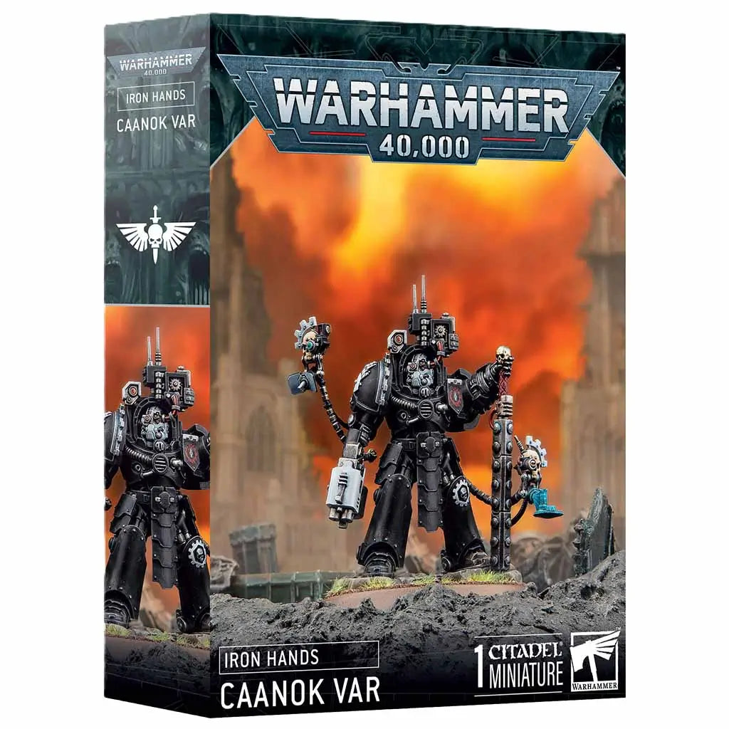 Warhammer 40,000 Iron Hands Caanok Var miniature box, featuring a heavily armored Techmarine-style warrior with bionic limbs and mechanical weapons standing amid ruins and blazing orange skies.