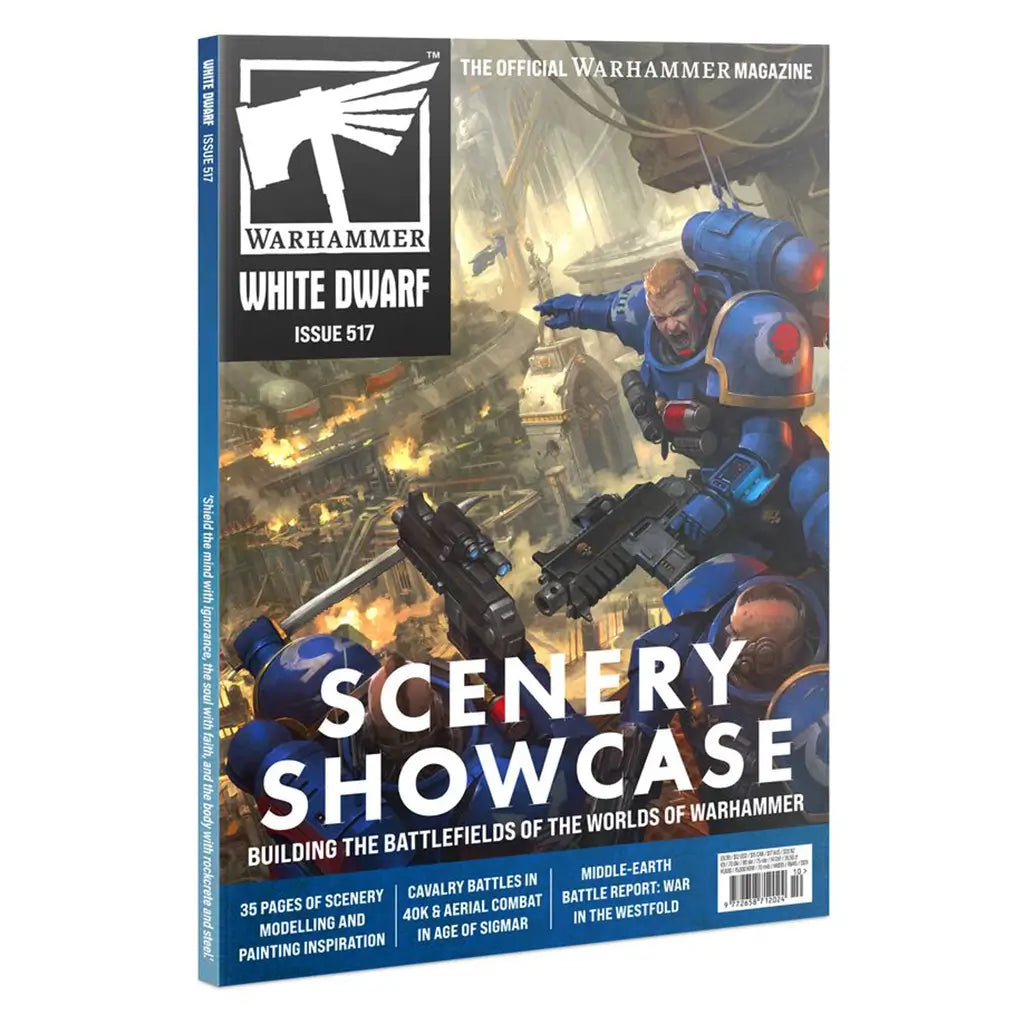 Warhammer White Dwarf Issue 517 magazine cover showing dynamic sci-fi artwork of armored Space Marines in blue power armor amid explosions, promoting a scenery showcase for tabletop battlefields.