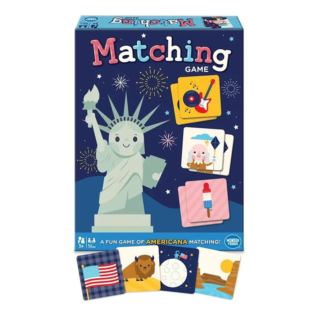 Wonder Forge Americana Matching Game front box featuring the Statue of Liberty with fireworks, guitar, kite, popsicle, and tiles of U.S. flag, bison, moon landing, and desert canyon.