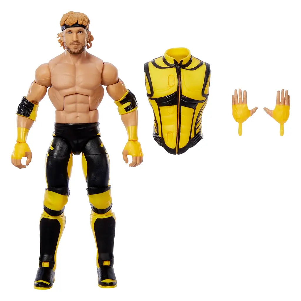 WWE Elite Logan Paul figure with removable yellow vest, black pants, and extra interchangeable hands, displayed with full accessories on white background.