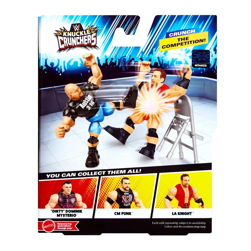 WWE Knuckle Crunchers package back showing "Stone Cold" Steve Austin figure delivering a kick, with crowd background and images of CM Punk, Dominik Mysterio, and LA Knight collectables.