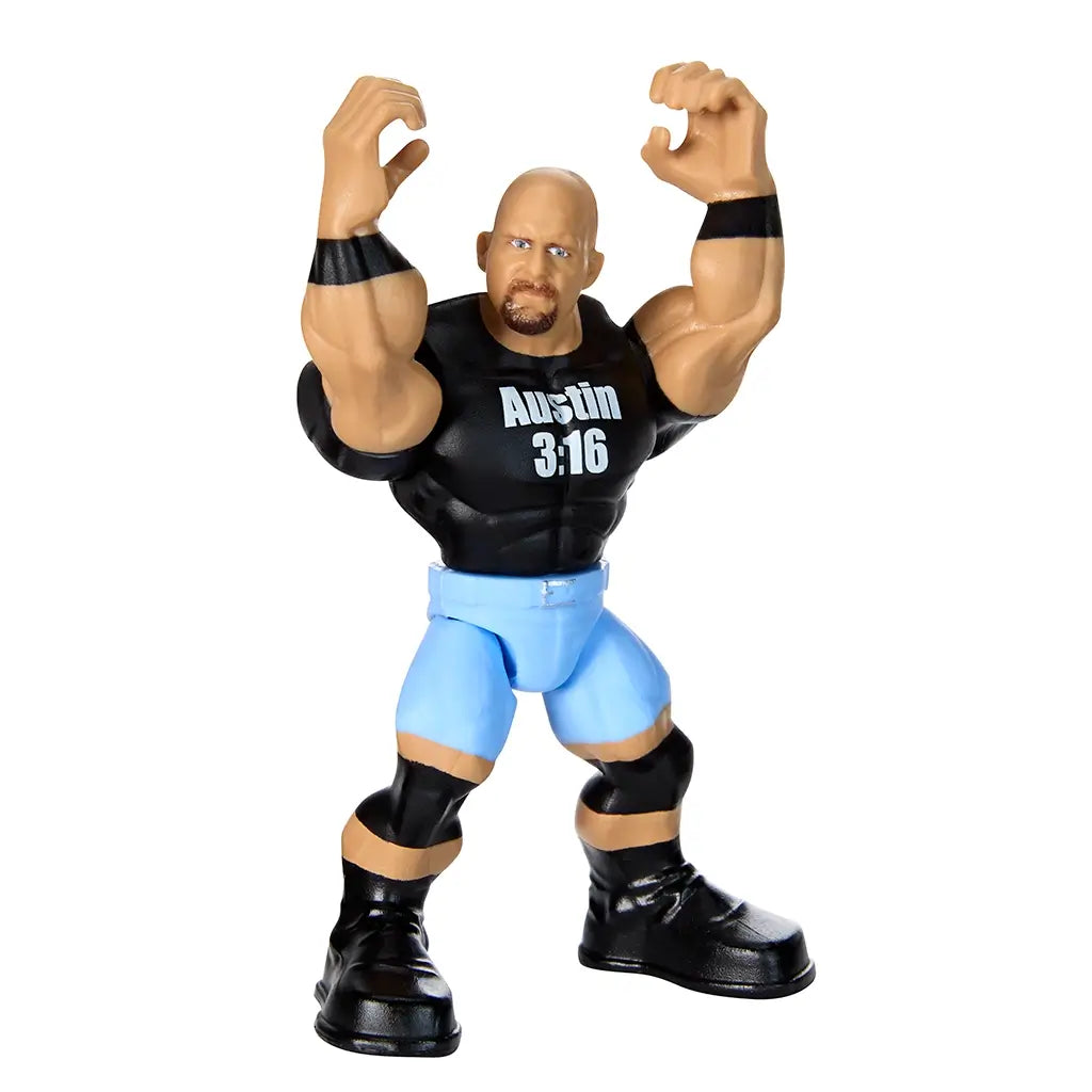 WWE Knuckle Crunchers Stone Cold Steve Austin action figure with bald head, muscular build, black shirt with "Austin 3:16" text, light blue trunks, and black boots, posed with arms raised.