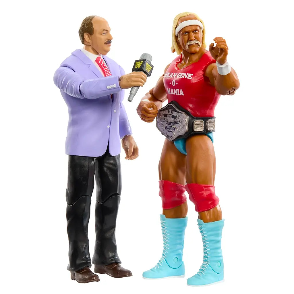 Detailed WWE figures show Hulk Hogan in red and blue ring gear with a silver championship belt, being interviewed by Mean Gene Okerlund holding a classic WWF microphone.