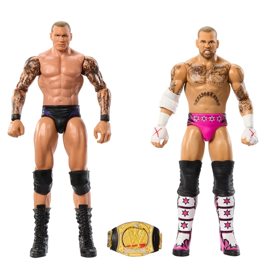WWE CM Punk and Randy Orton figures displayed upright with championship belt accessory placed between them, showcasing detailed boots, trunks, and arm tattoos.