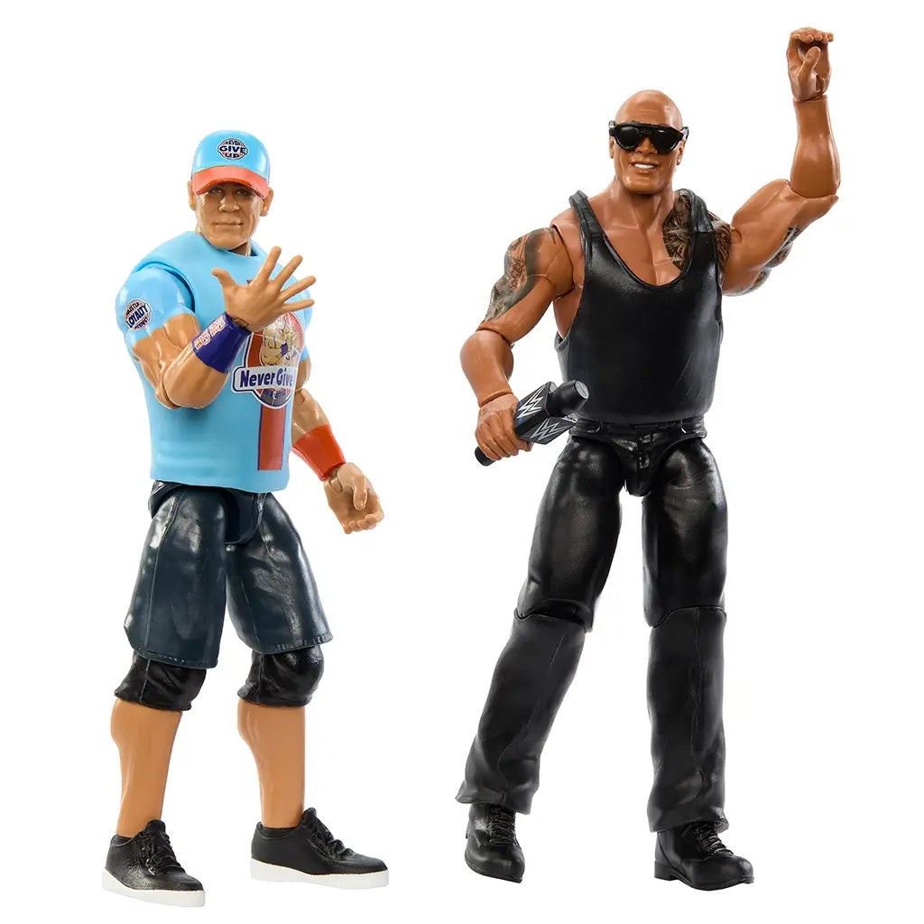 WWE action figure set with John Cena and The Rock posed separately, one holding a microphone and wearing sunglasses, highlighting detailed sculpting and articulation points.