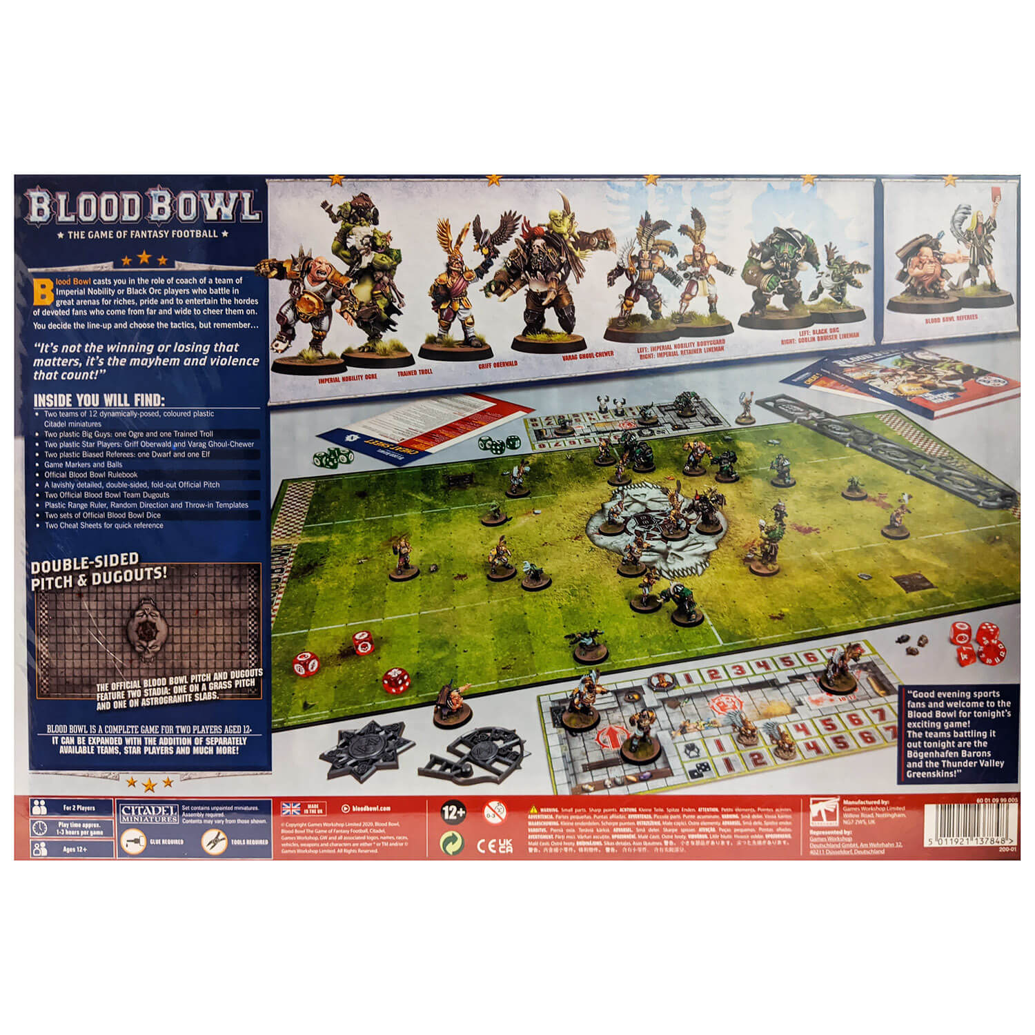 Back of the Games Workshop Blood Bowl Second Season Edition Game Box which shows board, game, pieces, and specs.